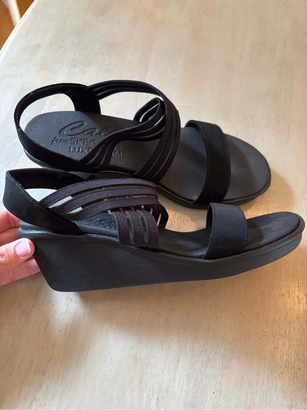 Skechers Black Elastic Multi-Strap Wedge Sandals